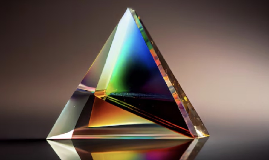 Ein Glasprisma bricht Licht in ein Regenbogenspektrum